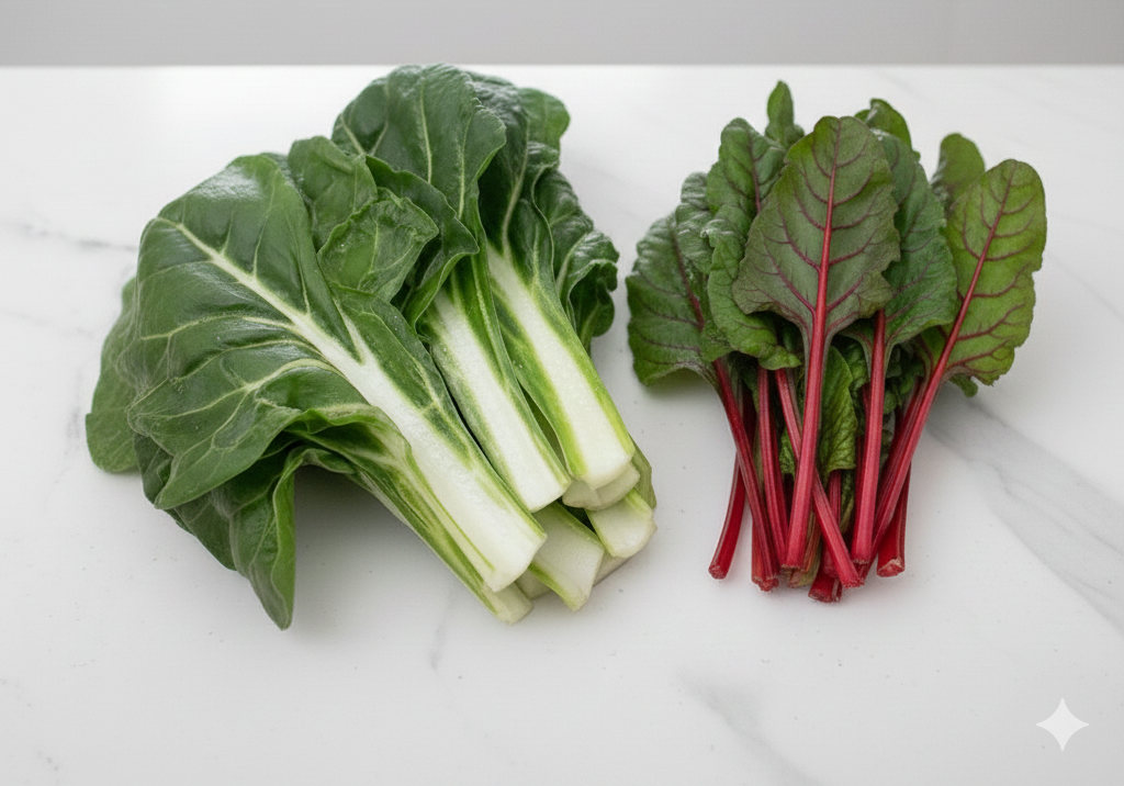 안토시아닌이 풍부한 빨간 줄기와 아삭한 식감이 돋보이는 흰 줄기의 근대