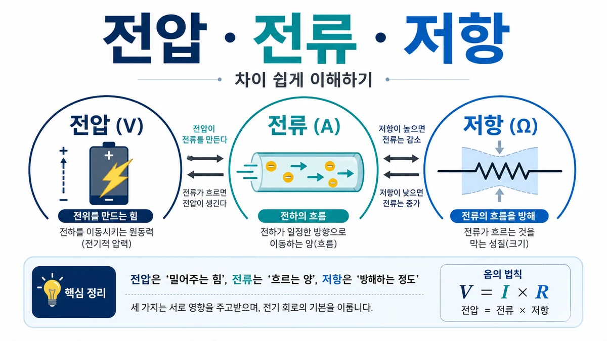 전압 전류 저항 차이를 설명하는 전기 기초 인포그래픽