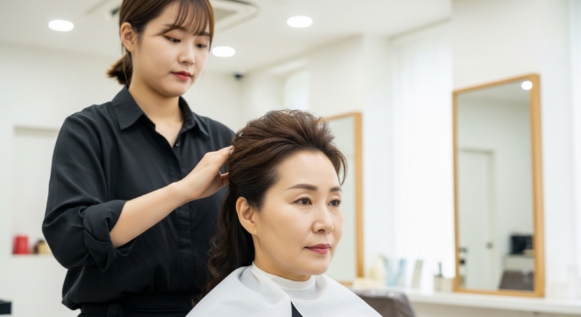 미용실에서 머리 손질 받는 중년 여성