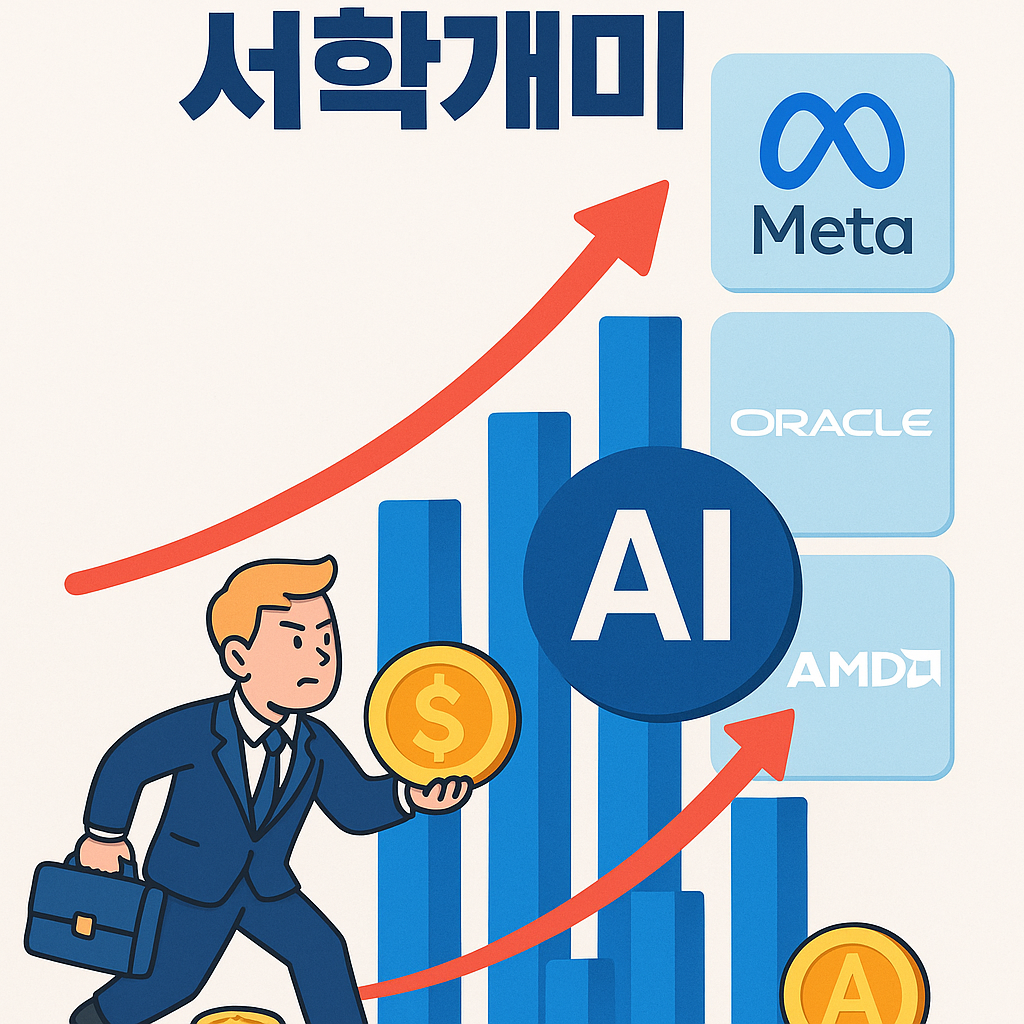 서학개미들이 인공지능(AI) 관련 주식을 대거 매수하는 장면을 표현한 인포그래픽, 메타·오라클·AMD 로고가 포함된 투자 그래프