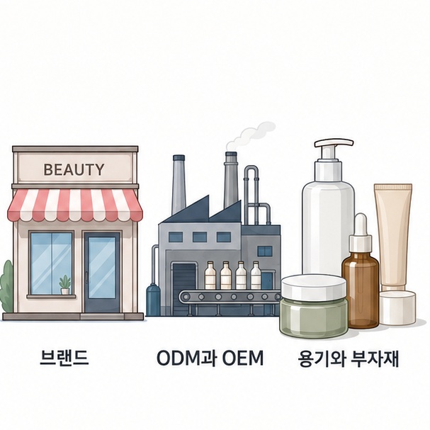 화장품 관련 기업을 브랜드사와 ODM 및 OEM 제조사, 화장품 용기와 부자재 기업으로 구분하는 그림
