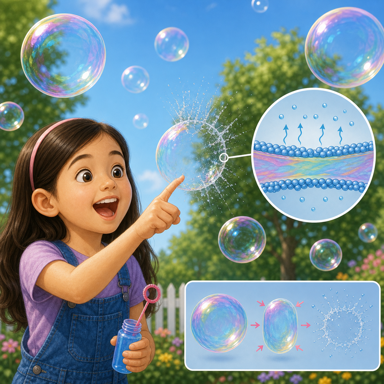 Illustration of floating soap bubbles and a finger touching one bubble