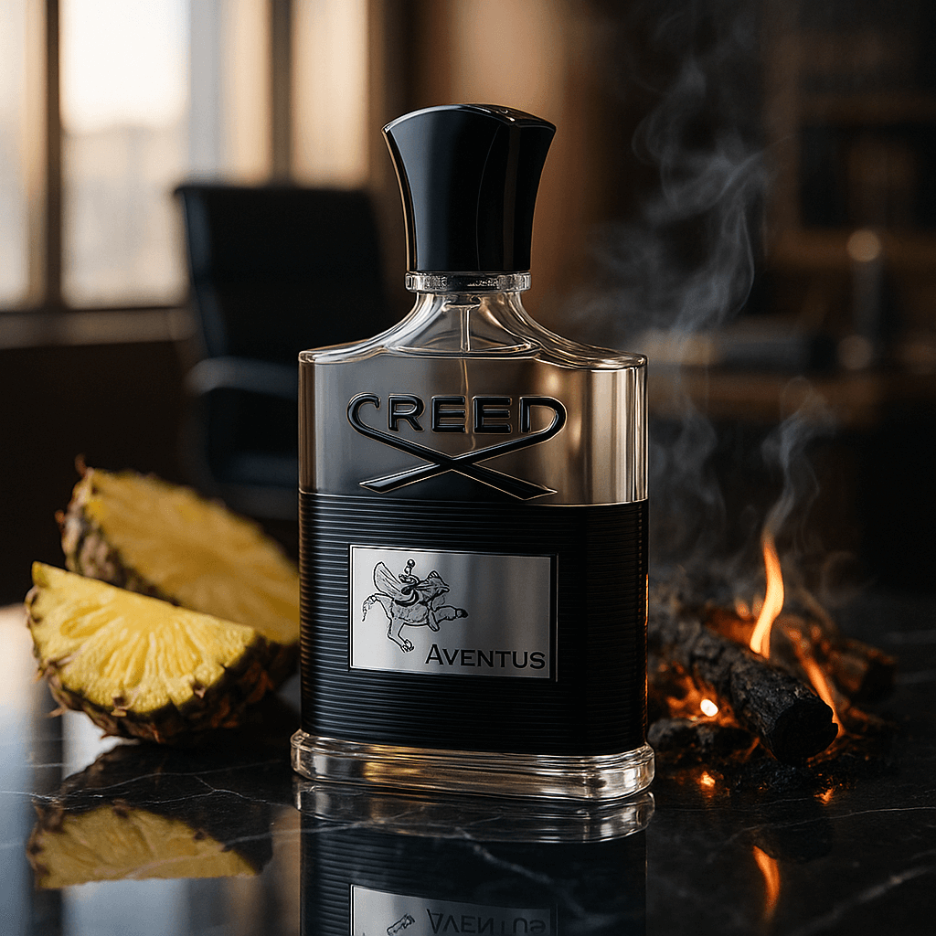 광택 있는 크리드 어벤투스 향수 병이 반사되는 검은 대리석 위에 놓여 있고, 옆에는 신선한 파인애플 조각과 은은히 타오르는 자작나무 숯이 배치되어 있으며, 고급 CEO 사무실의 아침 햇살과 가느다란 연기가 부드럽게 어우러진 모습