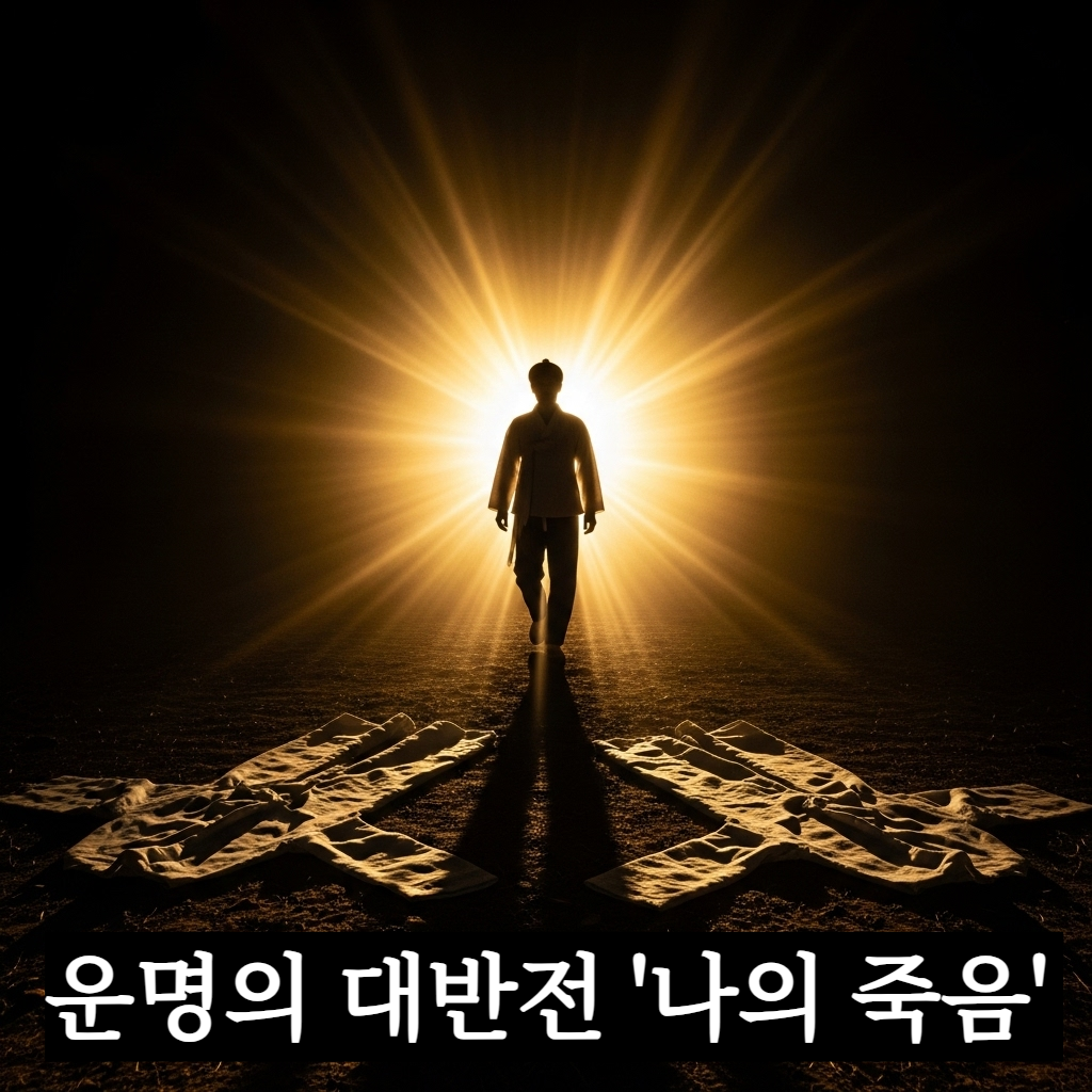어둠을 뚫고 찬란한 빛이 쏟아지는 새벽길을 향해 걸어가는 사람의 뒷모습과 뒤에 남겨진 낡은 허물들이 대조를 이루는 신비로운 일러스트
