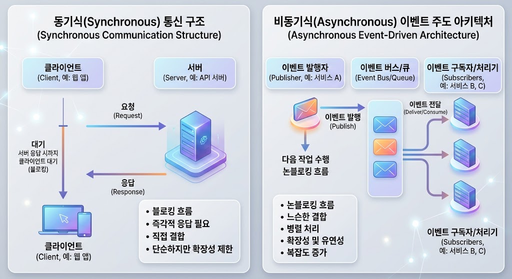 시스템의 결합도를 낮추고 장애 격리를 구현하기 위해 메시지 브로커를 활용한 비동기 패턴이 권장됩니다.