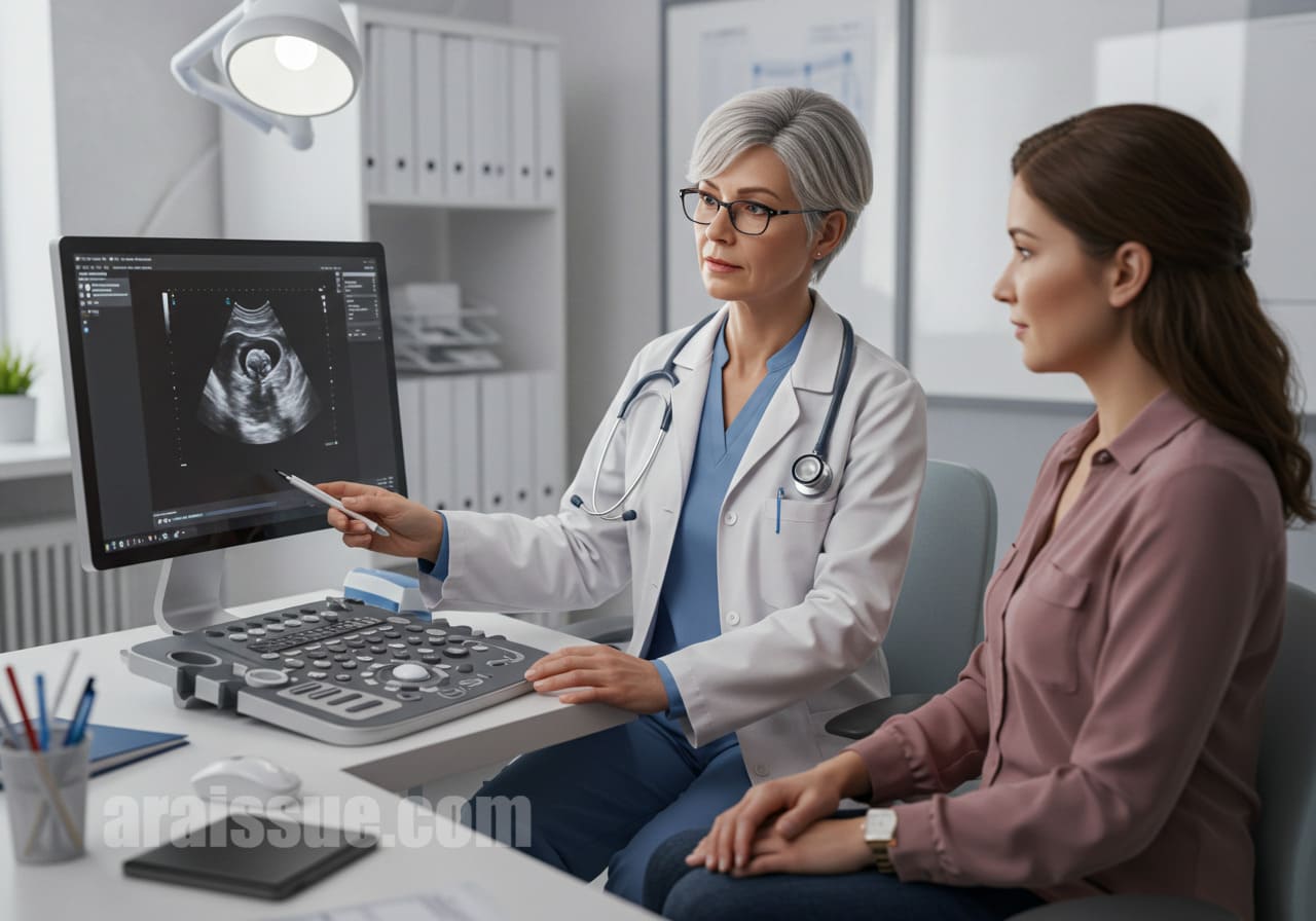 현대적인 의료 사무실에서 50대 여성 의사가 환자의 초음파 결과를 디지털 화면에서 검토하는 모습입니다. 환자는 대화에 집중하고 있습니다.