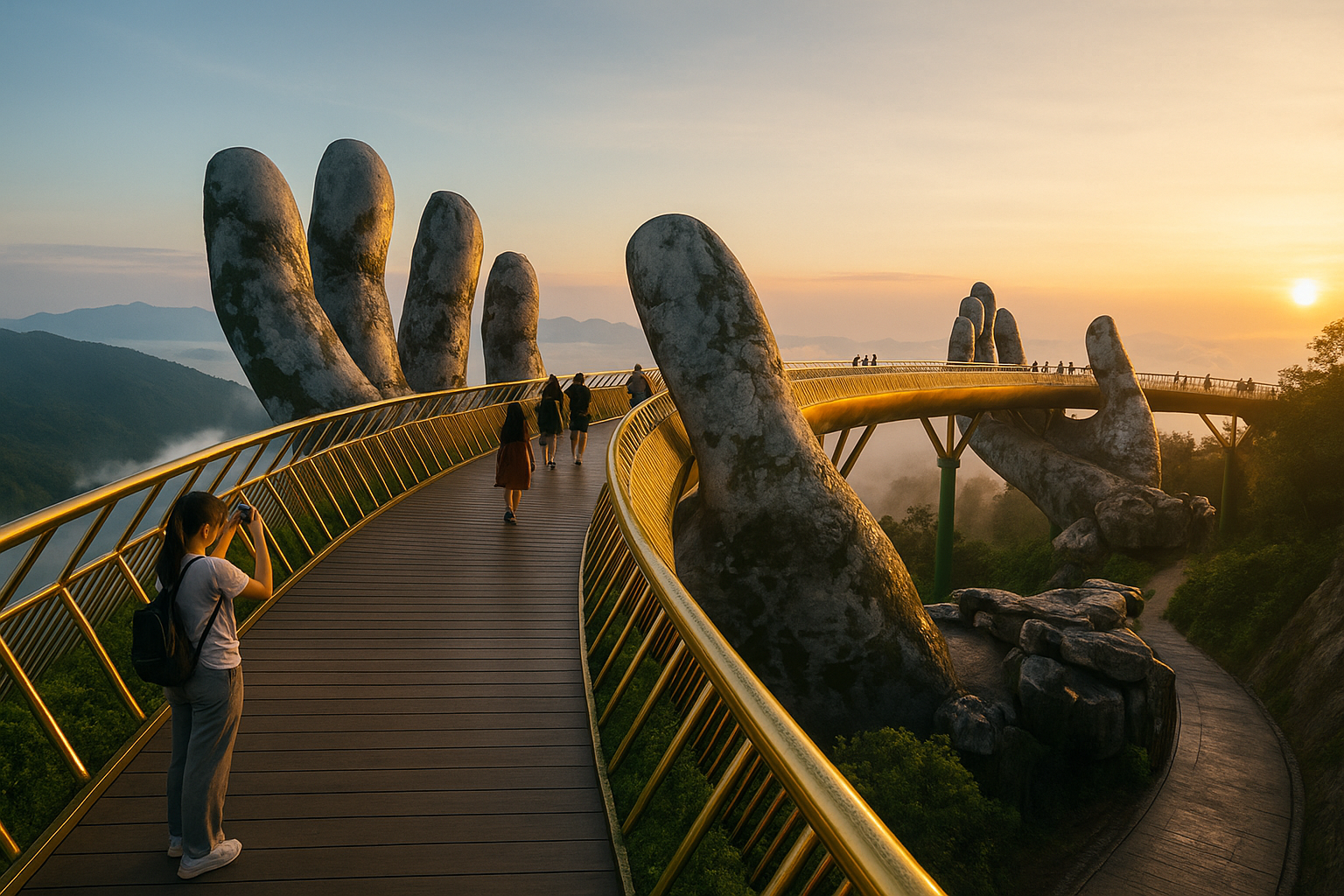 안개 낀 산악 풍경 위에 거대한 돌손이 받치고 있는 황금빛 다리를 사람들이 여명 속에서 걷고 있는 장면