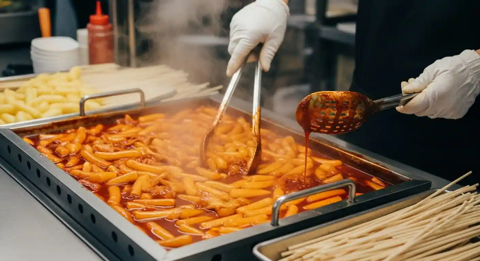 길거리 포장마차에서 떡볶이를 만들고 있는 모습