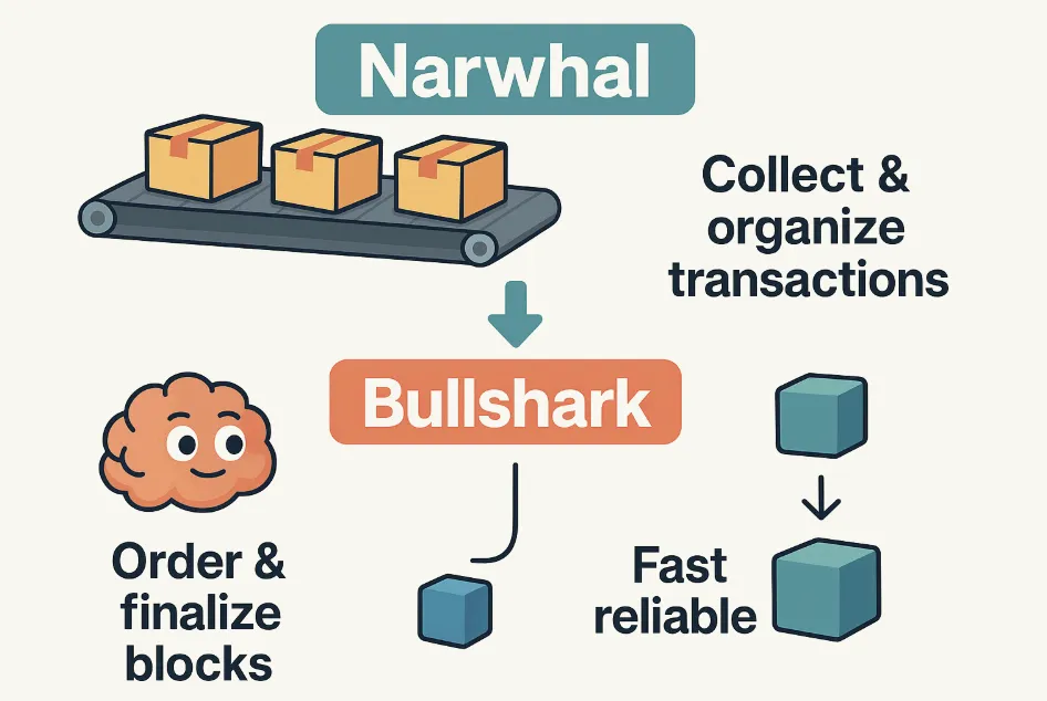 Narwhal과 Bullshark의 2단계 블록체인 합의 구조를 표현한 픽사풍 인포그래픽. 이 이미지는 Narwhal이 트랜잭션을 수집 및 정리하고, Bullshark가 이를 기반으로 순서 결정 및 최종 블록 생성을 수행하는 과정을 시각적으로 보여주며, 블로그의 SUI 합의 구조 설명과 관련된 내용을 전달함 (Narwhal Bullshark consensus, SUI blockchain architecture)