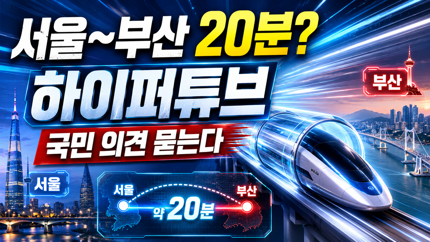 서울에서 부산까지 20분 이동을 목표로 하는 하이퍼튜브 초고속 진공열차의 개념과 기대효과, 안전 우려를 정리한 미래 교통 정보 이미지