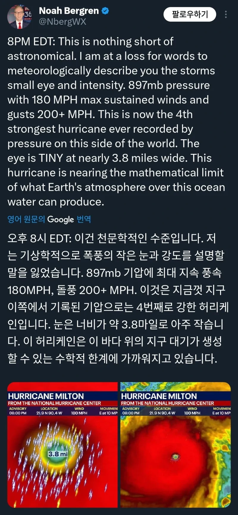 Noah Bergren
@NbergWX
팔로우하기
8PM EDT: This is nothing short of astronomical. I am at a loss for words to meteorologically describe you the storms small eye and intensity. 897mb pressure with 180 MPH max sustained winds and gusts 200+ MPH. This is now the 4th strongest hurricane ever recorded by pressure on this side of the world. The eye is TINY at nearly 3.8 miles wide. This hurricane is nearing the mathematical limit of what Earth's atmosphere over this ocean water can produce.
영어 원문의 Google 번역
오후 8시 EDT: 이건 천문학적인 수준입니다. 저 는 기상학적으로 폭풍의 작은 눈과 강도를 설명할 말을 잃었습니다. 897mb 기압에 최대 지속 풍속 180MPH, 돌풍 200+ MPH. 이것은 지금껏 지구 이쪽에서 기록된 기압으로는 4번째로 강한 허리케 인입니다. 눈은 너비가 약 3.8마일로 아주 작습니 다. 이 허리케인은 이 바다 위의 지구 대기가 생성 할 수 있는 수학적 한계에 가까워지고 있습니다.
FROM THE NATIONAL HURRICANE CENTER
LOCATION 21.9 N 00.4 W
WIND 100 MPH
08:00 PM ADVISORY
3.8 mi