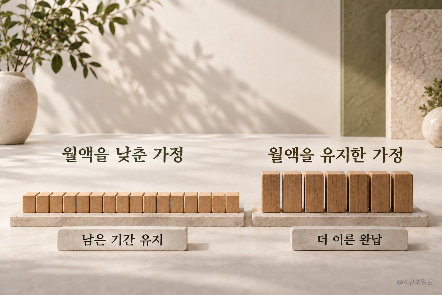 낮은 납입 블록이 길게 이어진 줄과 높은 블록이 짧게 이어진 줄을 비교한 입체 설명 그림