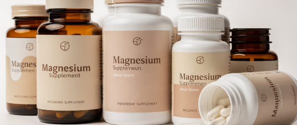  다양한 종류의 마그네슘 보충제 병들