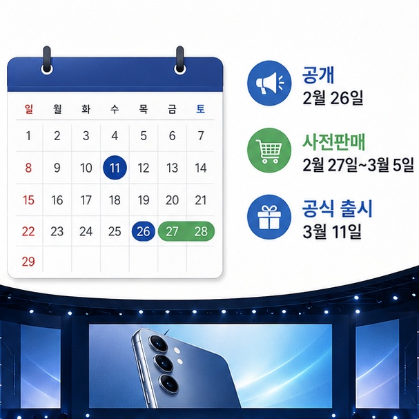 갤럭시 S26 공개일과 사전판매 기간, 공식 출시일을 날짜별로 정리한 이미지