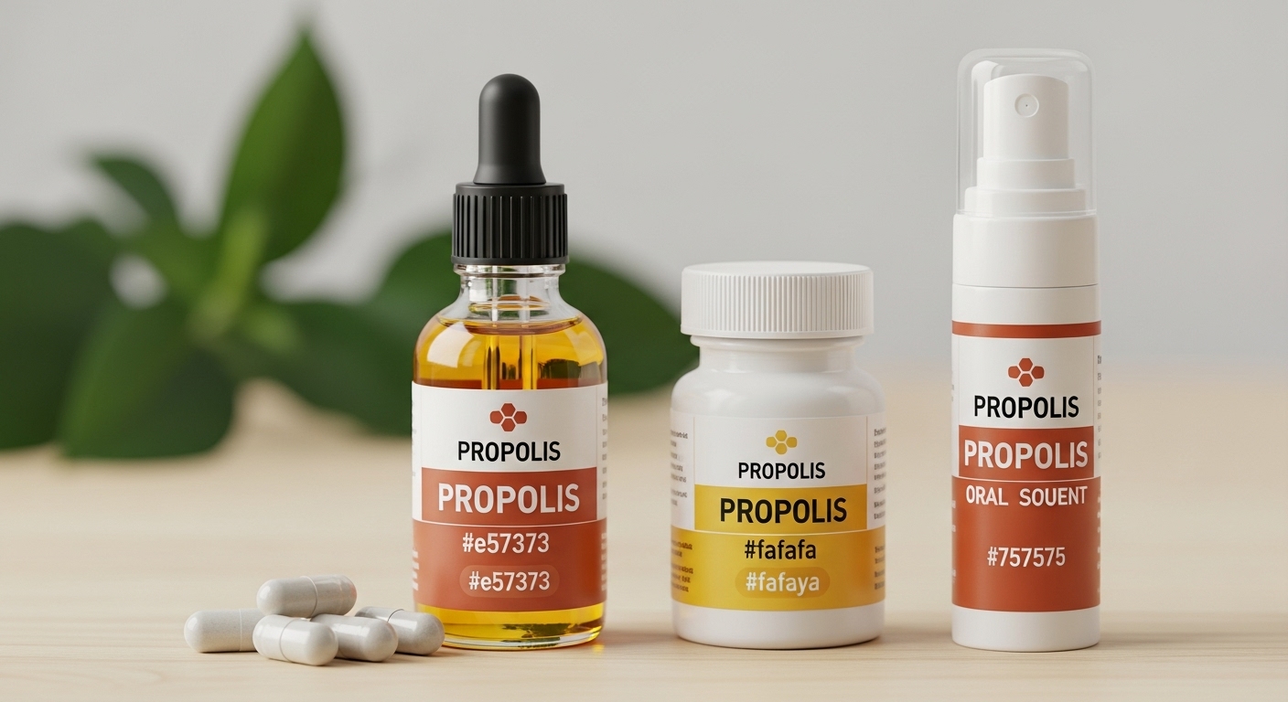 액상, 캡슐, 스프레이 등 다양한 형태의 프로폴리스 건강 보조 식품들이 깔끔하게 놓여있는 모습, 자연적인 원료를 강조하는 배치.