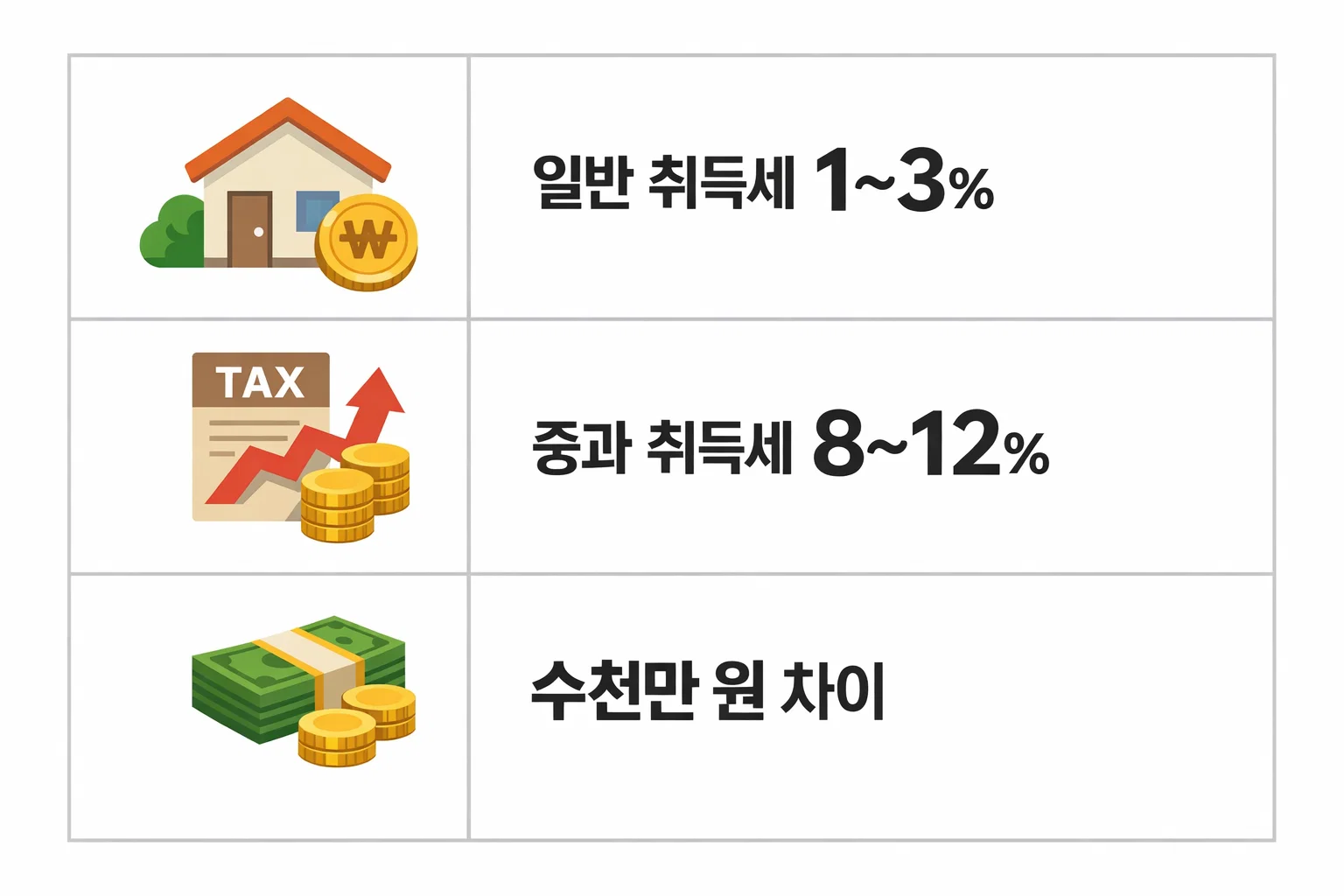 일반 취득세 1~3%와 중과 취득세 8~12%의 차이로 인해 수천만 원 세금 차이가 발생할 수 있는 실제 금액 사례 안내 이미지