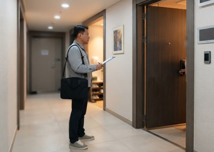 조사원이 주민에게 주민등록 사실조사 서류를 보여주며 안내하는 모습