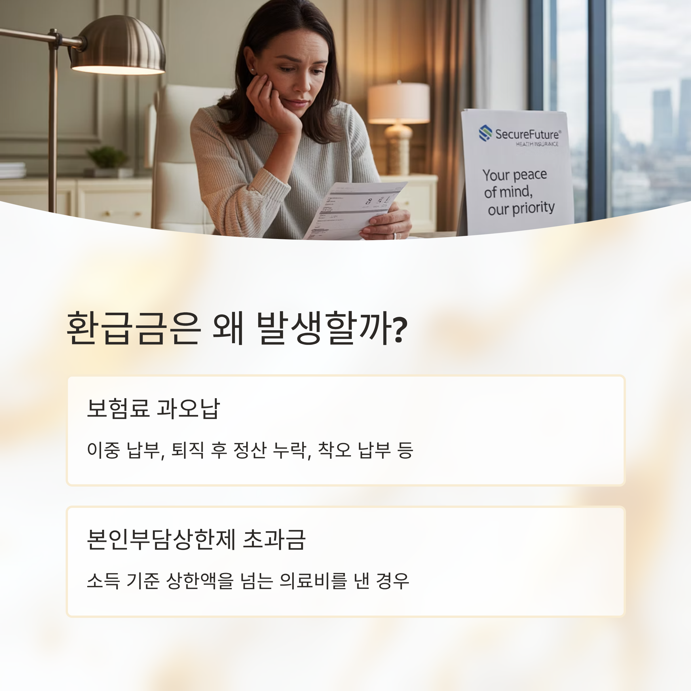 건강보험 환급금 발생 사유를 설명하는 이미지로, 서류를 확인하는 여성과 &lsquo;보험료 과오납&rsquo;, &lsquo;본인부담상한제 초과금&rsquo; 안내 문구가 포함된 인포그래픽