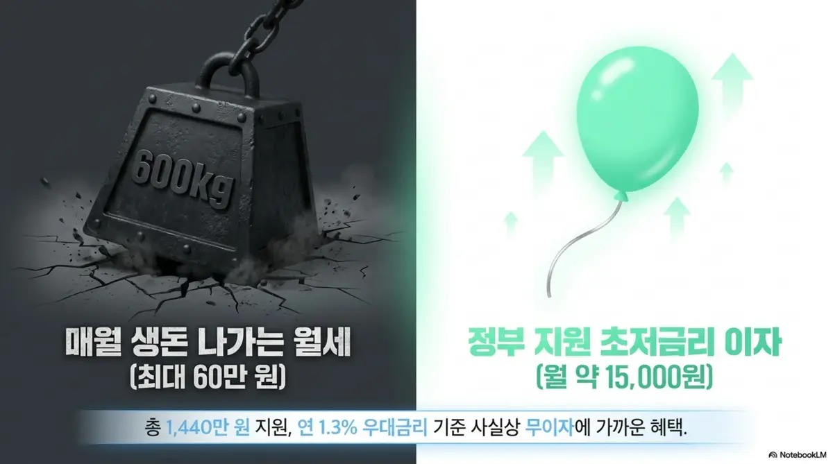 주거안정월세대출: 매월 생돈 나가는 월세 최대 60만 원과 정부 지원 초저금리 이자 월 약 1만 5천 원을 비교한 인포그래픽. 총 1440만 원 지원에 연 1.3% 우대금리 기준 사실상 무이자에 가까운 혜택임을 시각적으로 보여주는 주거안정월세대출 금리 안내 이미지