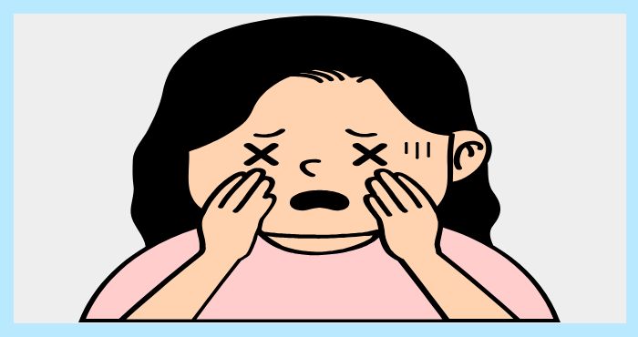 눈을 감고 피로해 보이는 표정으로 두 눈을 손으로 누르는 여성의 일러스트