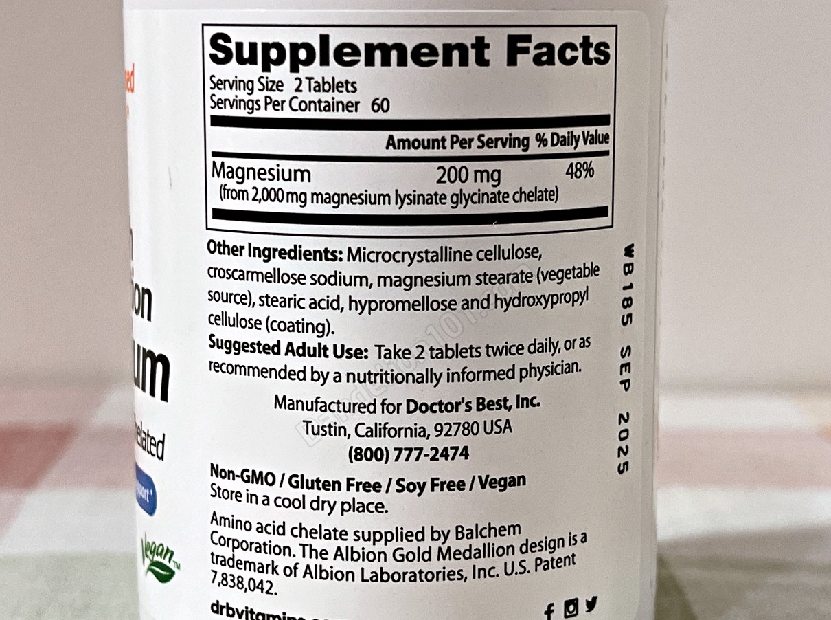 닥터스 베스트, 고흡수 마그네슘, 라이시네이트 글리시네이트 100% 킬레이트화 100mg, 120정 ( Doctor's Best, High Absorption Magnesium, Lysinate Glycinate 100% Chelated 100 mg, 120 Tablets) 영양 성분 정보, 기타 성분, 용법