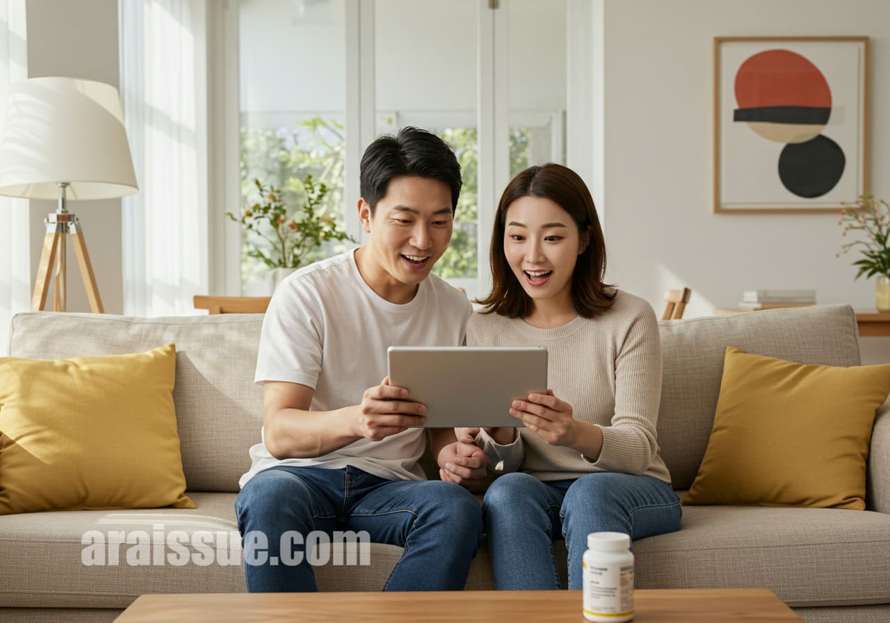 한국인 부부가 소파에 앉아 태블릿으로 영양제 후기를 읽고 있으며, 만족스럽고 안심하는 표정을 짓고 있다. 공간은 서양식 거실이며 분위기가 따뜻하다.