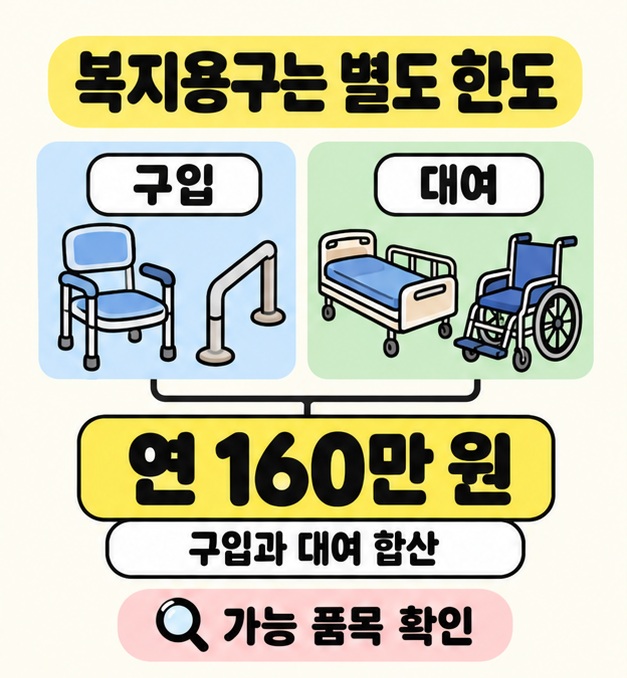 복지용구 구입과 대여 그림을 연 160만 원의 별도 한도로 연결하고 구입과 대여 합산 및 가능 품목 확인 문구를 표시한 이미지