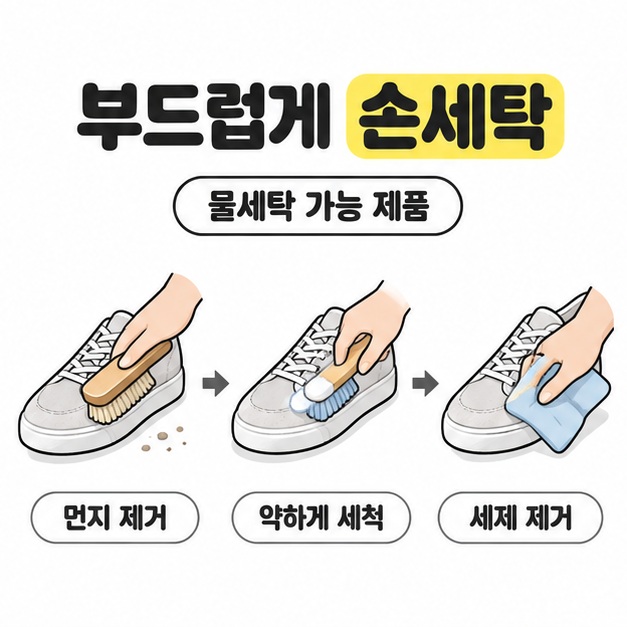 물세탁 가능 제품의 먼지 제거와 부드러운 솔 세척, 깨끗한 천으로 세제 제거를 화살표로 연결한 손세탁 순서