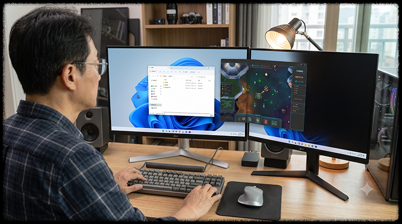 Windows 키 Shift 방향키로 듀얼 모니터 사이에서 프로그램 창을 이동하는 모습