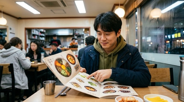 회식 메뉴판 앞에서 내장류 대신 다른 메뉴를 고르는 장면
