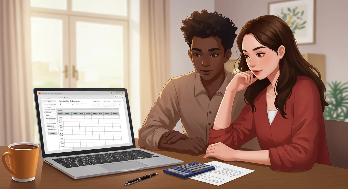 젊은 예비부부가 함께 앉아 현명하게 결혼 비용 예산을 계획하는 모습