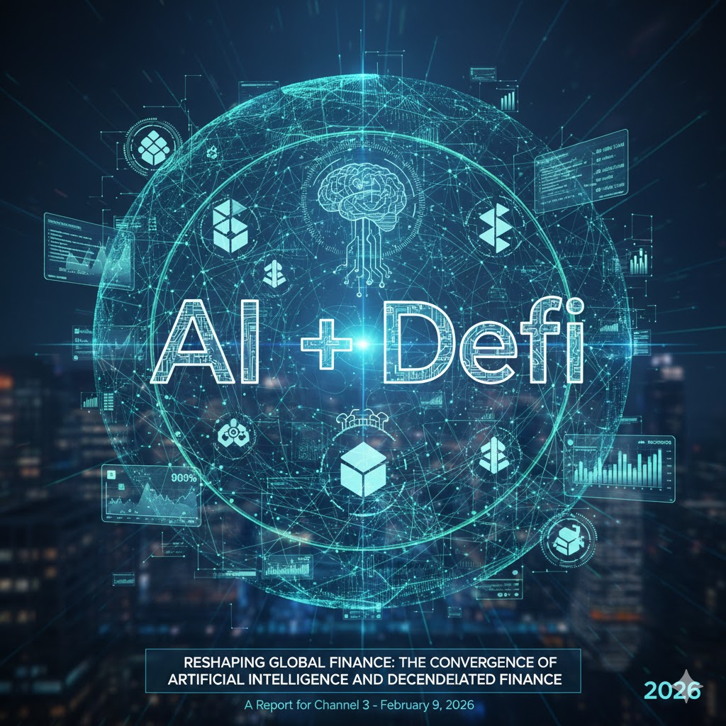 A futuristic digital visualization of AI and DeFi integration, featuring a glowing neural network interconnected with blockchain nodes over a 2026 global financial grid.