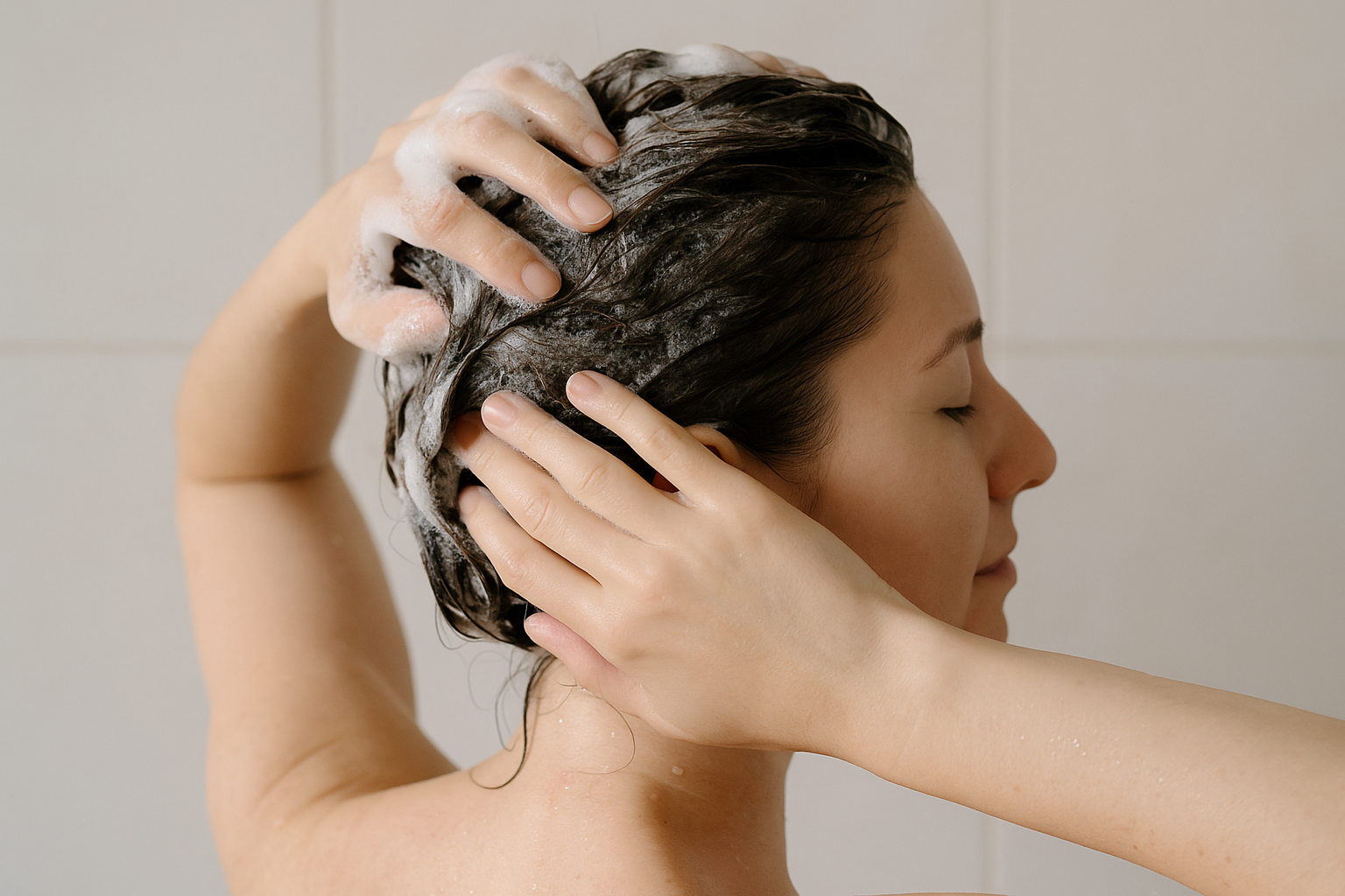 비듬샴푸로 두피를 세정하고 있는 여성 이미지
