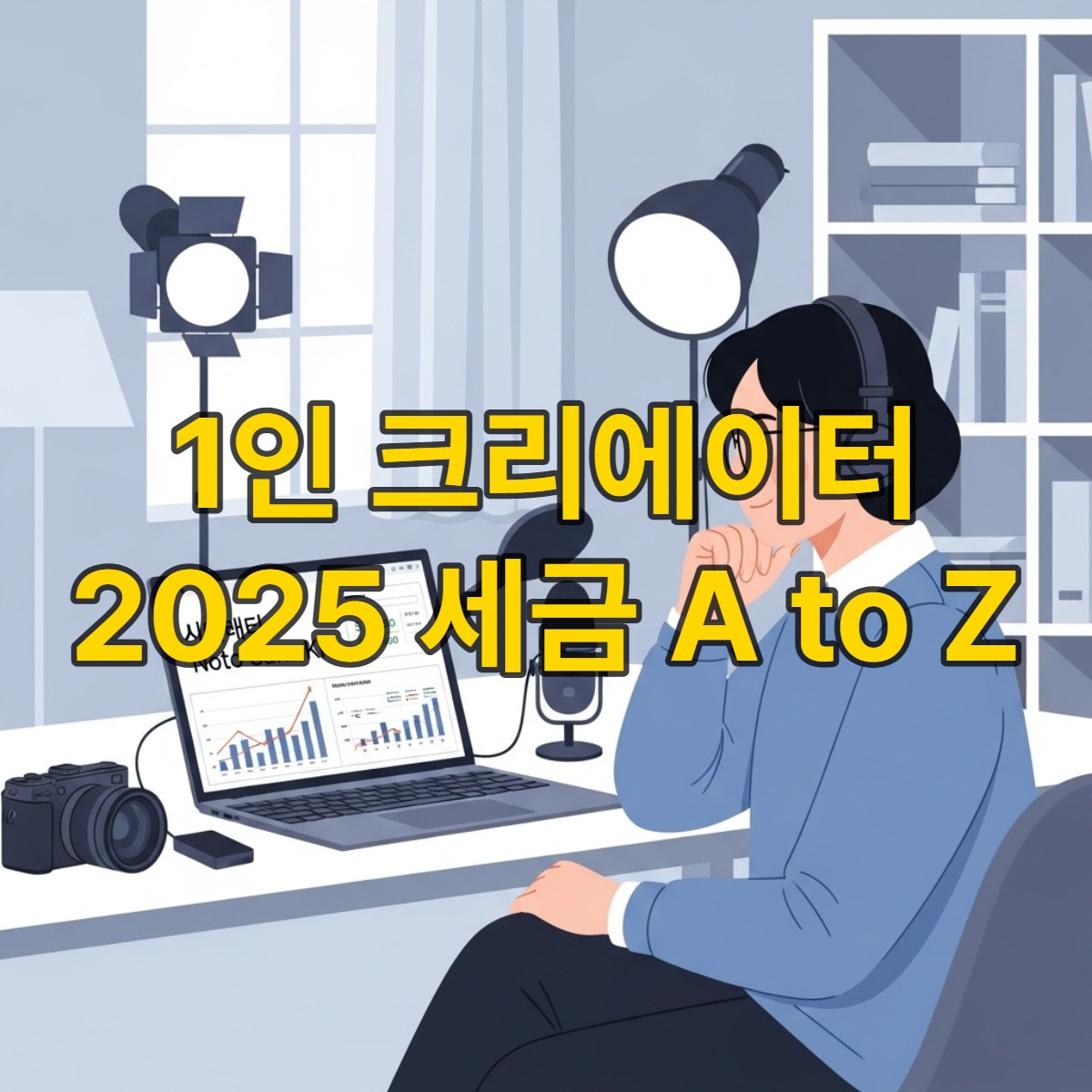 노트북을 보며 세금 관련 자료를 검토하는 1인 콘텐츠 크리에이터의 모습, 책상 위에는 카메라와 마이크가 놓여 있어 전문적인 분위기를 강조합니다.