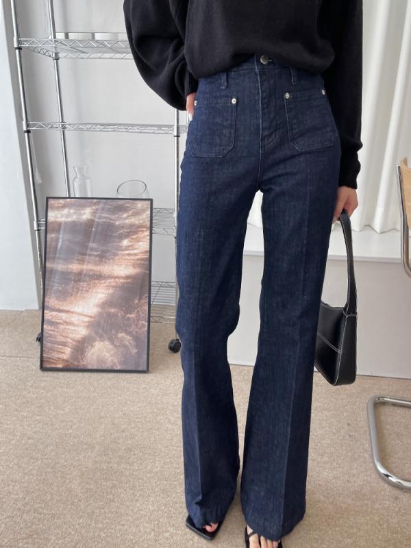 프리미엄진 하이웨스트 앞 포켓 세미 부츠컷 생지 롱 데님 팬츠