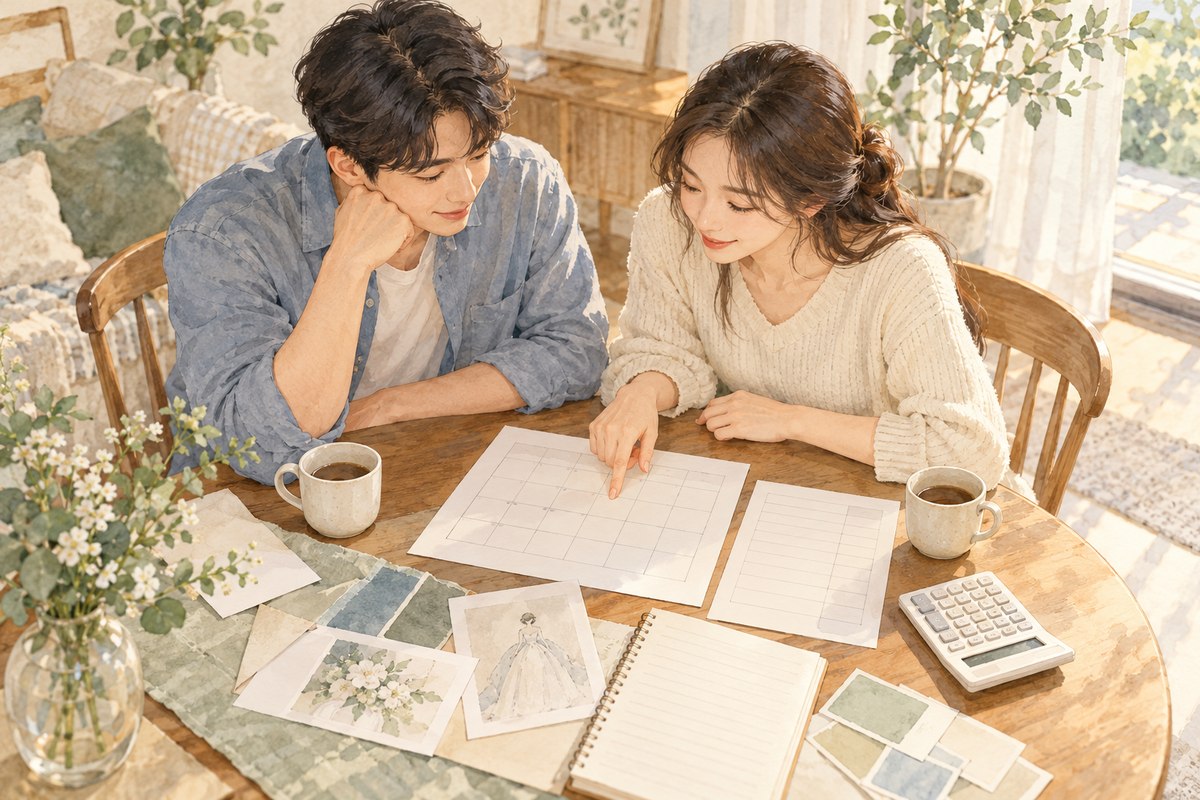 결혼 일정과 예산을 함께 의논하는 예비부부