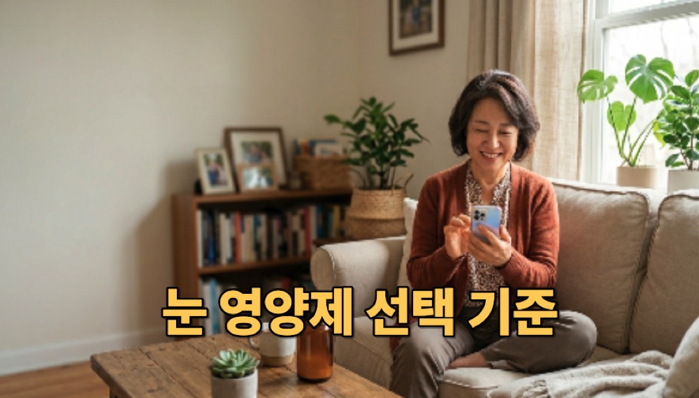 눈 영양제를 앞에 두고 휴대폰을 사용