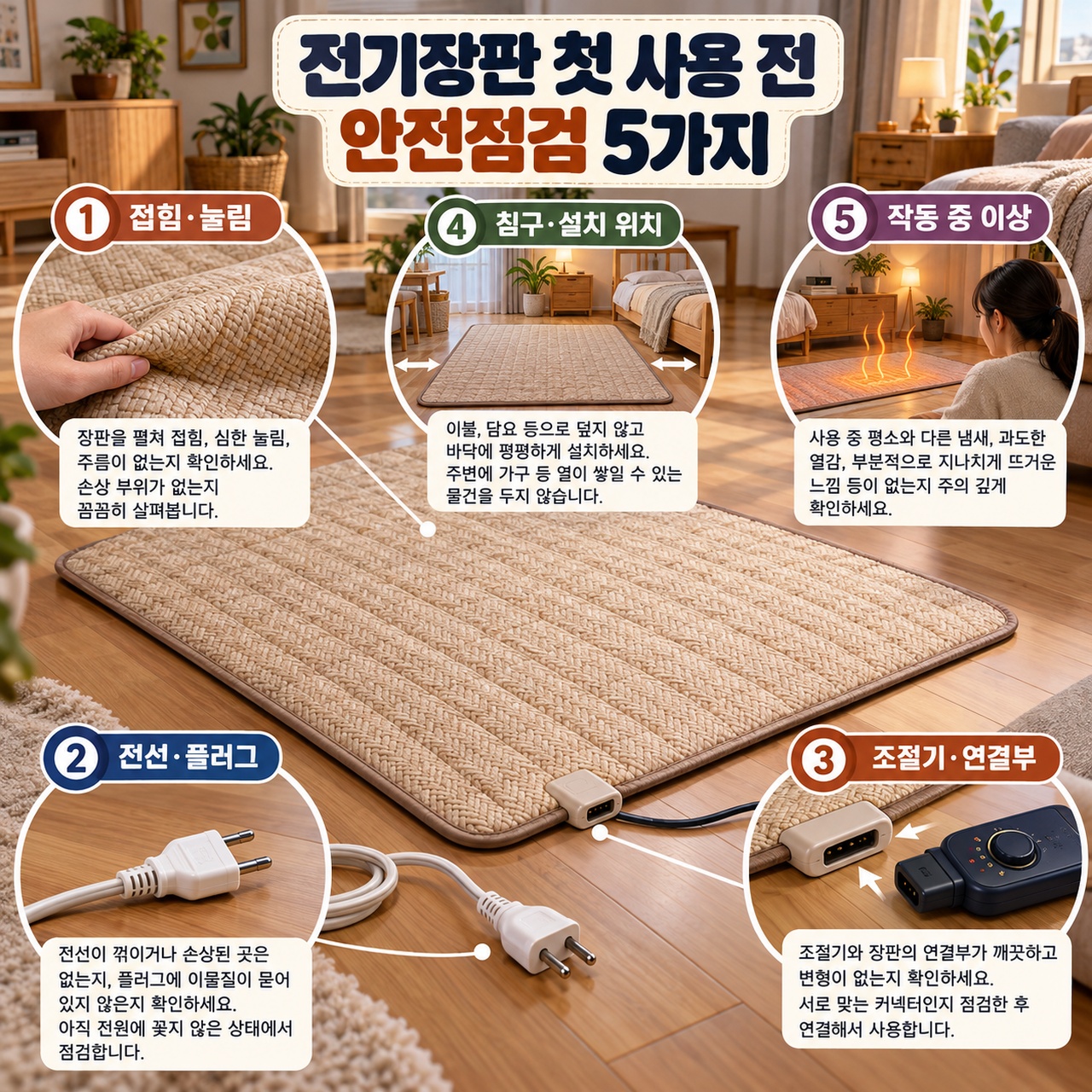 펼친 전기장판의 접힘과 전선, 조절기, 설치 위치, 작동 중 이상을 다섯 확대 장면으로 안내하는 안전점검 인포그래픽
