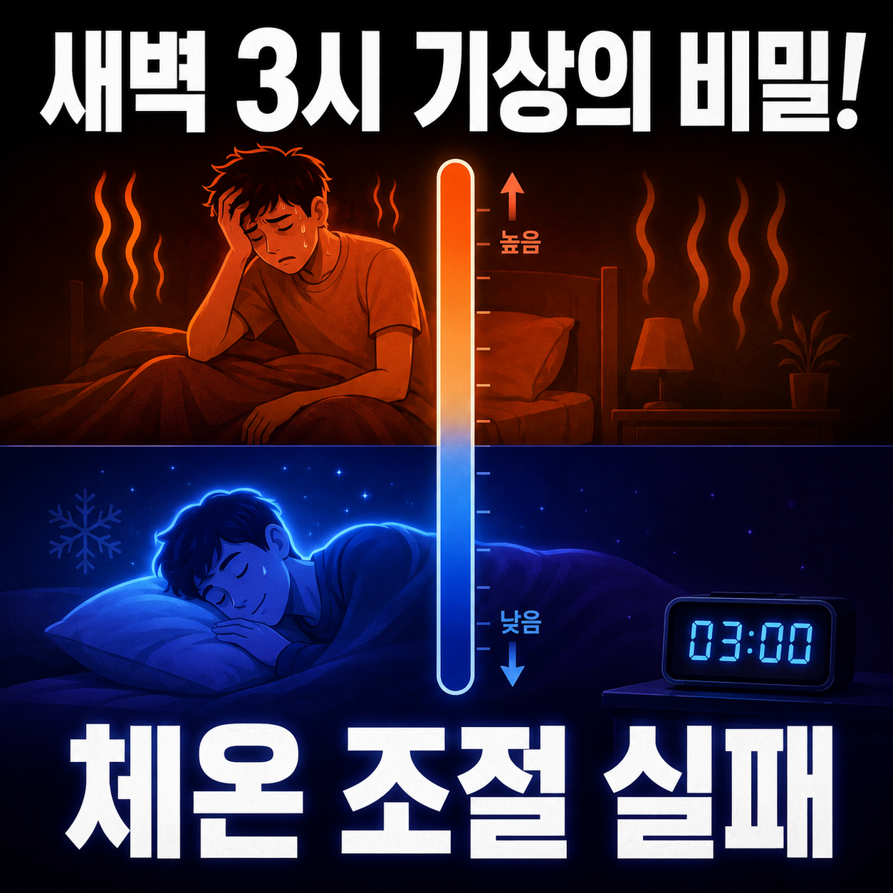 입면 시점부터 새벽 3시까지의 심부체온 저하와 피부체온 상승 및 체온 조절 실패 각성 구간을 나타낸 인포그래픽 그래프