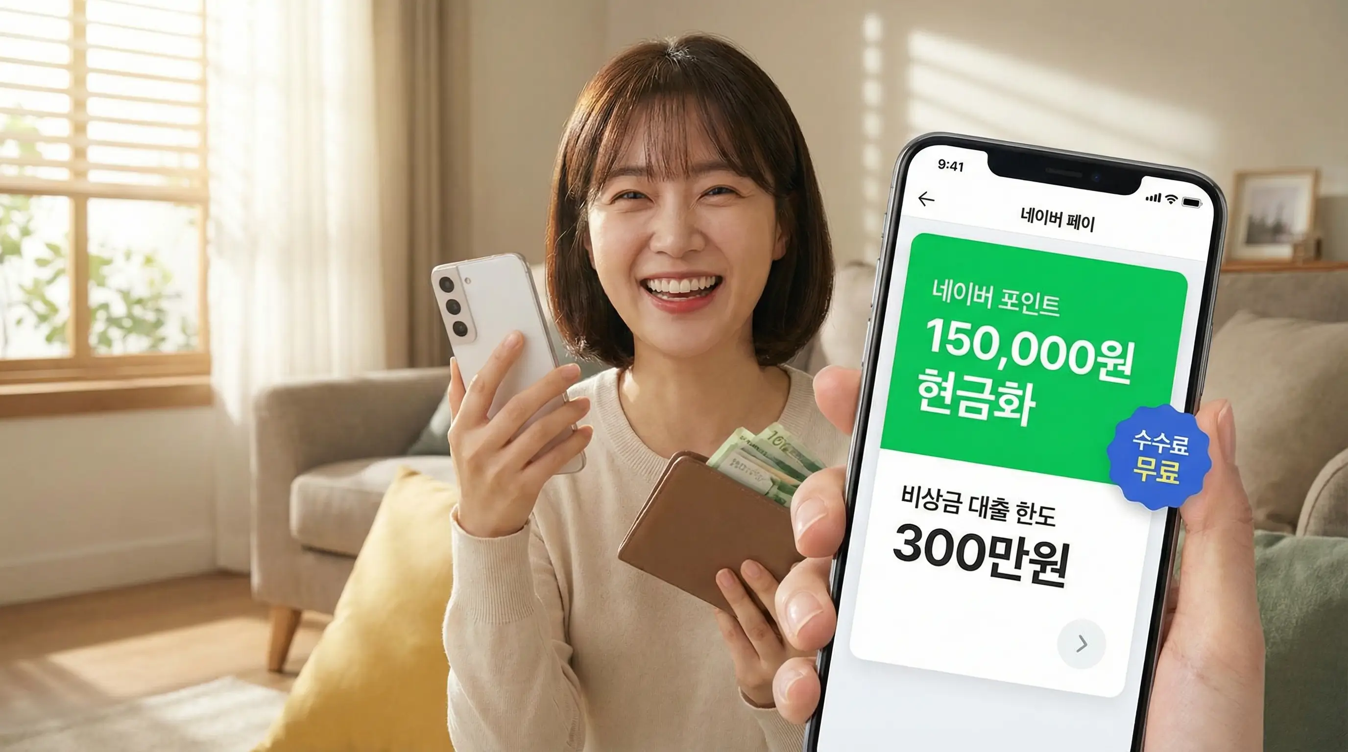 스마트폰으로 네이버 포인트와 비상금 대출 한도를 조회하고 수수료 없이 현금을 마련하는 현명한 모습