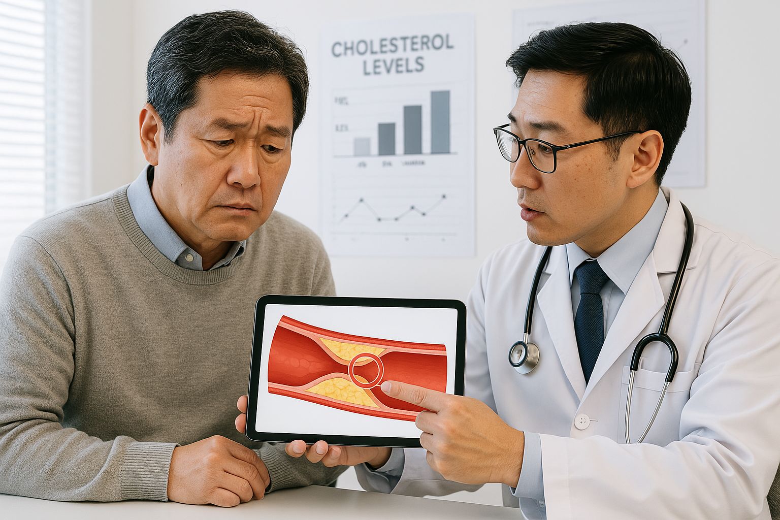 의사가 환자에게 혈관 내 콜레스테롤 축적을 설명하는 모습
