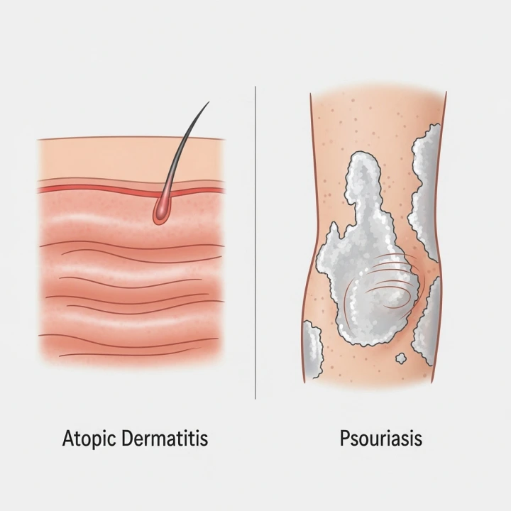 건선은 주로 피부가 펴지는 부위에 은백색 각질로 나타나 아토피피부염과 결정적인 차이점을 보입니다