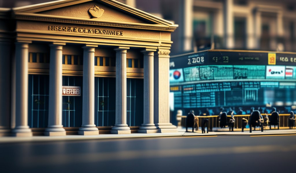 3월 2일 휴장 증권가와 3일 개장 시장을 표현한 미니어처 디오라마 스타일, 틸트시프트 효과.