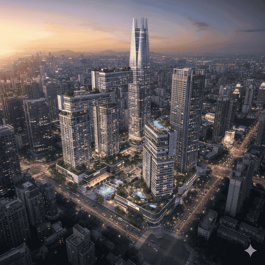 화려한 도심 야경 속 현대적인 건축 미학이 돋보이는 하이엔드 럭셔리 주거 단지 전경