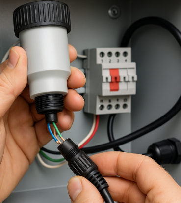 제어함 내부에서 관리자가 센서 케이블을 단자에 연결하는 클로즈업 장면