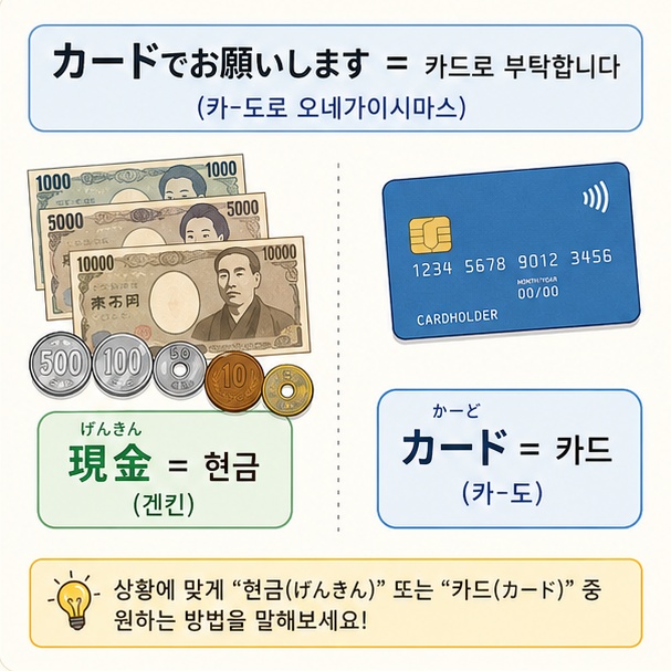 일본에서 카드나 현금으로 계산할 때 사용할 수 있는 간단한 일본어 표현을 정리한 이미지