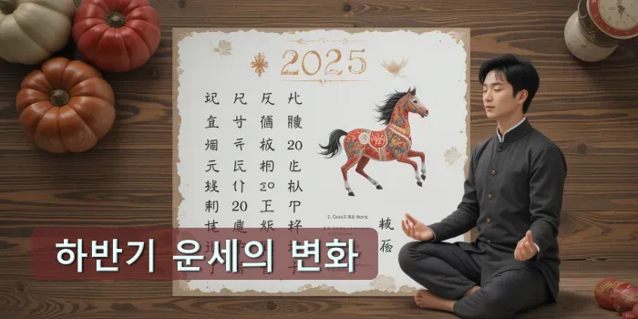 말띠 운세가 적힌 종이 옆에서 명상 중인 남성