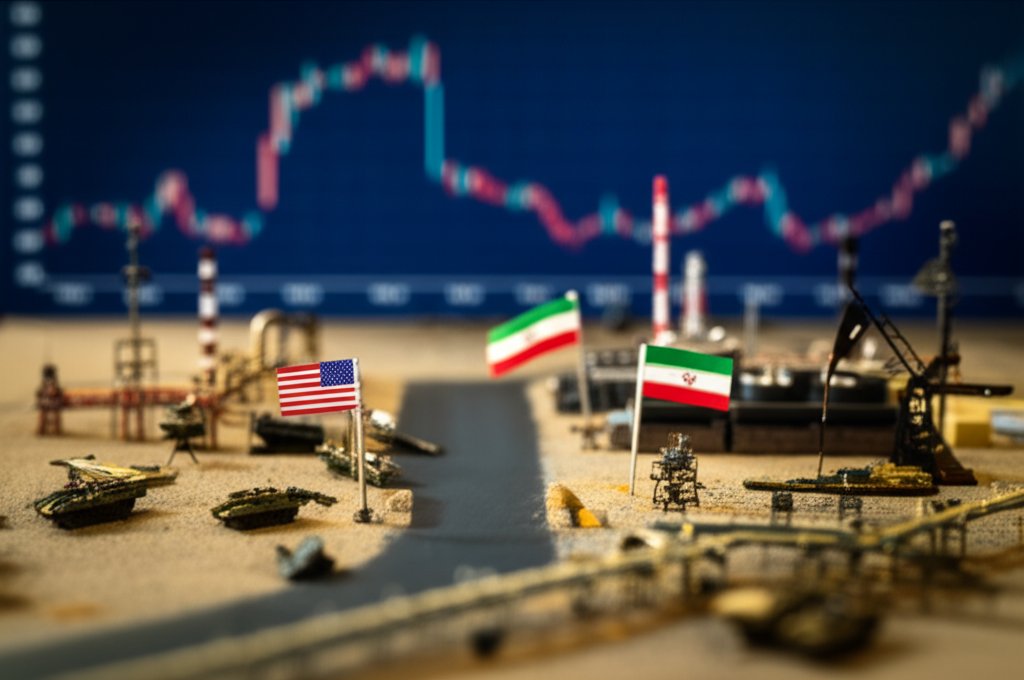 미국과 이란의 가상 충돌 시나리오와 유가 급변동을 묘사한 미니어처 디오라마 스타일, 틸트시프트 효과 이미지