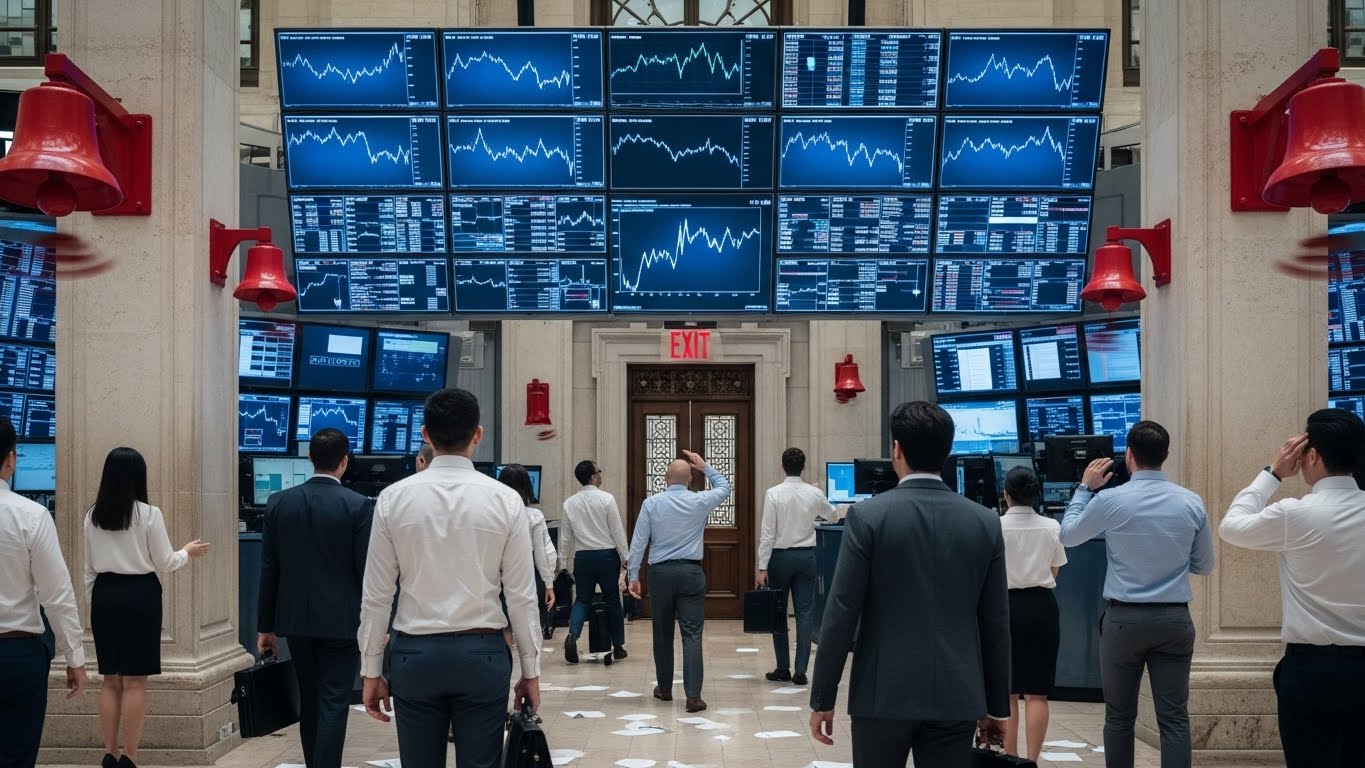 Stock exchange monitors all turned blue (bearish), with red emergency bells ringing. Back view of foreign investors storming out the door.