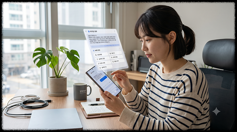 스마트폰의 AI 글쓰기 보정 기능으로 문장을 다듬는 모습